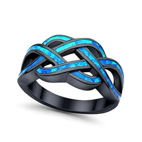 Celtic Crisscross Infinity Black Tone Ring with Created Blue Opal