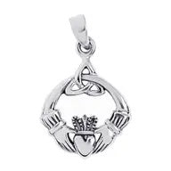 Silver Claddagh pendant with triquetra trinity knot on a white background