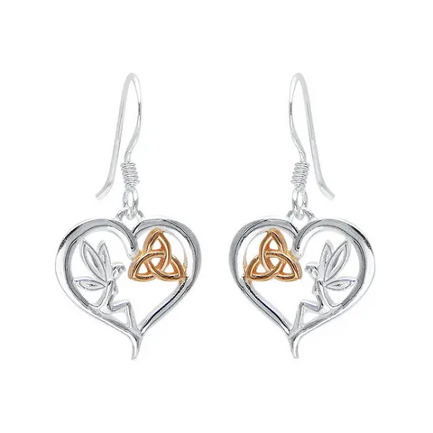 Heart-shaped earrings with Celtic knot design on a white background