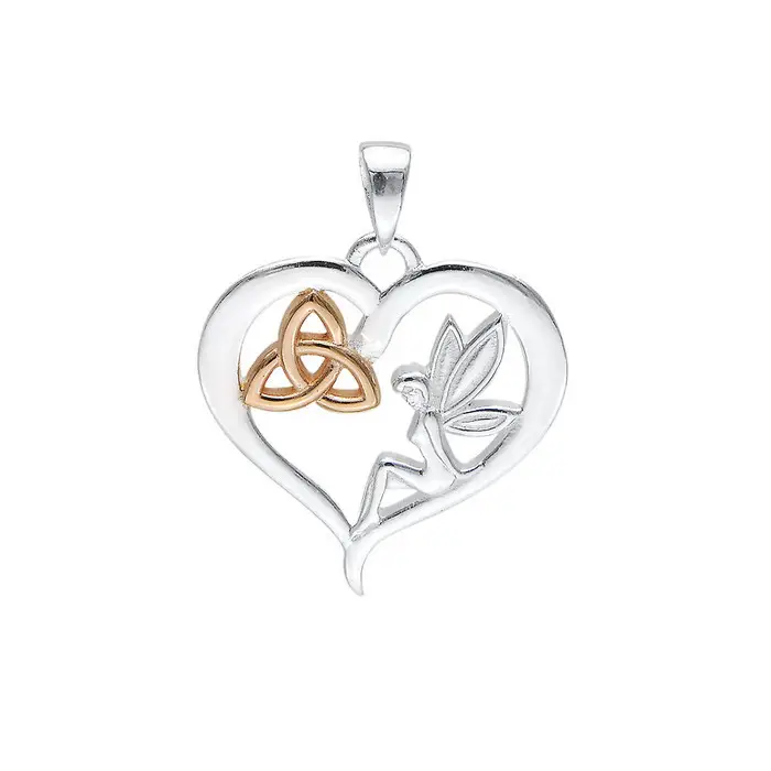 Heart-shaped pendant with Trinity Knot and fairy design on a white background