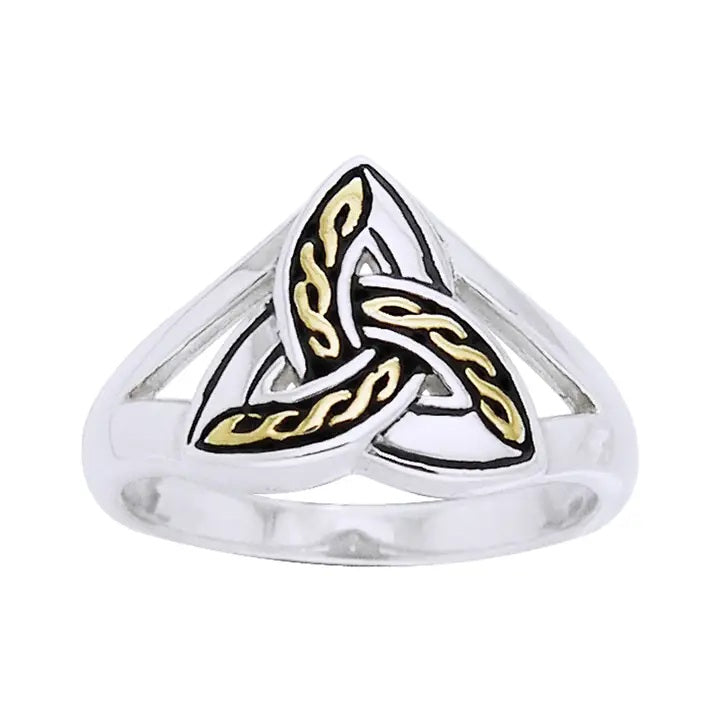 Silver triquetra trinity ring with gold Celtic knot design on a white background
