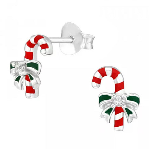 Sterling Silver & Enamel Christmas Candy Cane Stud Earrings