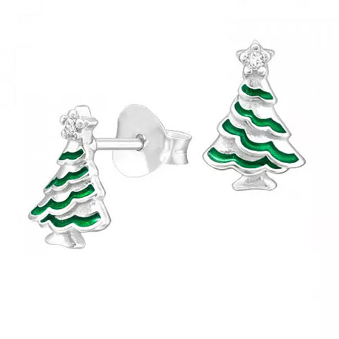 Sterling Silver & Enamel Christmas Tree Stud Earrings