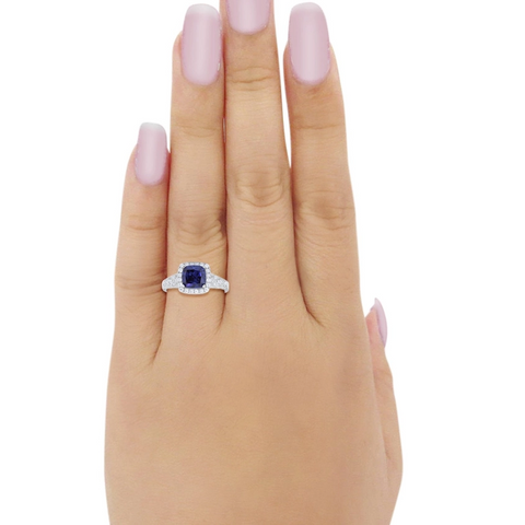 Halo Square Art Deco Ring with Sapphire Cubic Zirconia