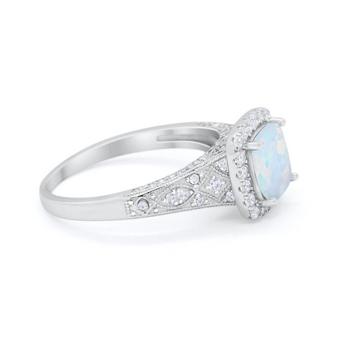 Halo Square Art Deco Ring with Lab Created Opal