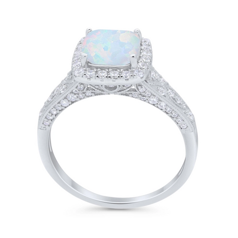 Halo Square Art Deco Ring with Lab Created Opal