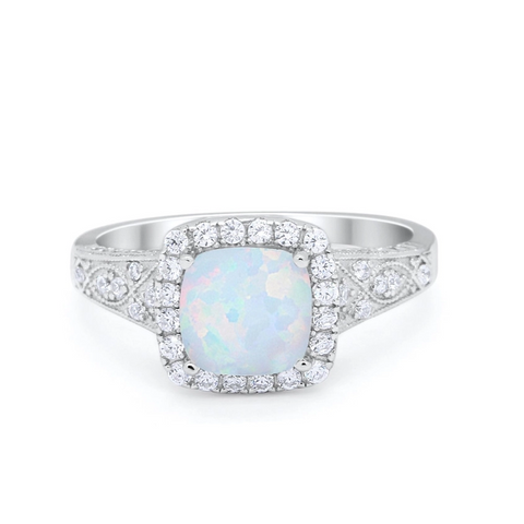 Halo Square Art Deco Ring with Lab Created Opal