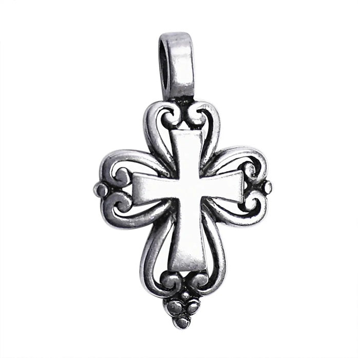 Silver cross pendant on a white background