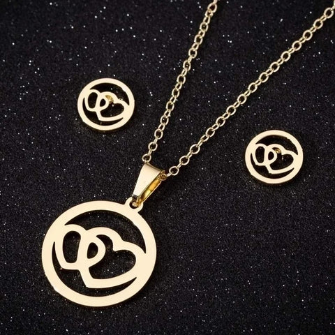 Gold Double Heart Necklace & Earring Set