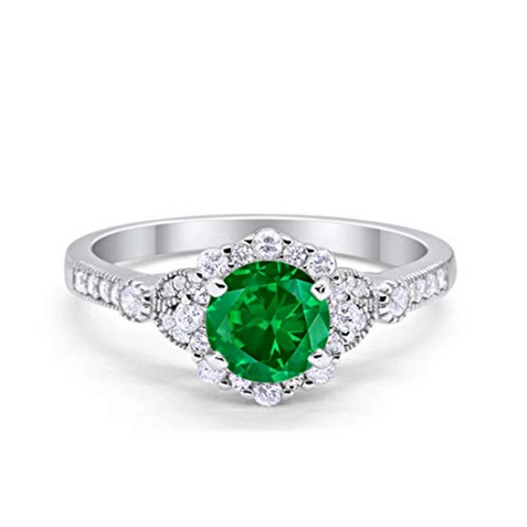 Floral Art Deco Emerald Cubic Zirconia Ring