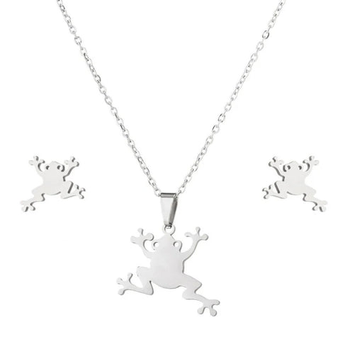 Silver Frog Necklace & Earring Set