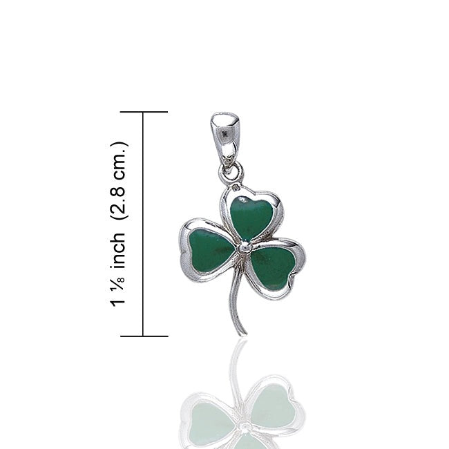 Green shamrock pendant with silver setting on a white background, shown with measurement details.