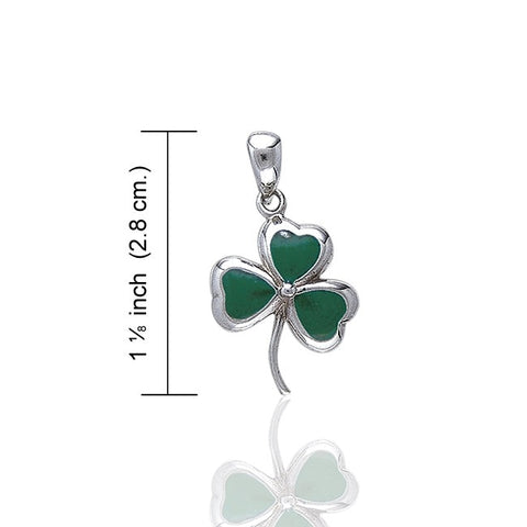 Green shamrock pendant with silver setting on a white background, shown with measurement details.