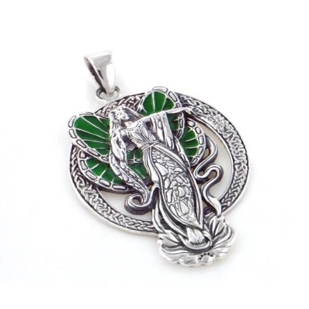 Silver pendant with green winged fairy on lotus with celtic knot work in halo on a white background