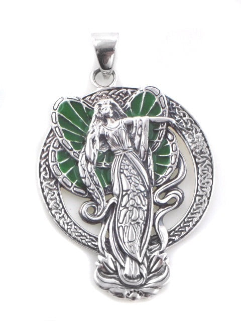 Silver pendant with green winged fairy on lotus with celtic knot work in halo on a white background