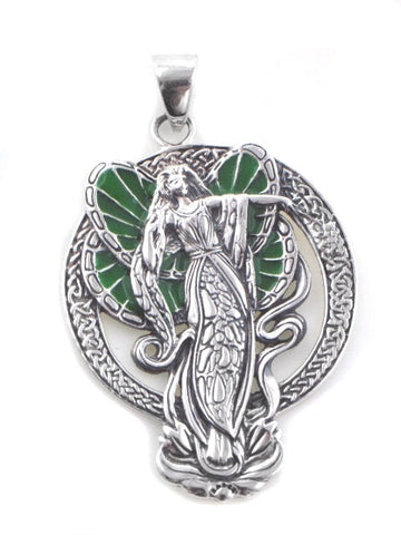 Silver pendant with green winged fairy on lotus with celtic knot work in halo on a white background