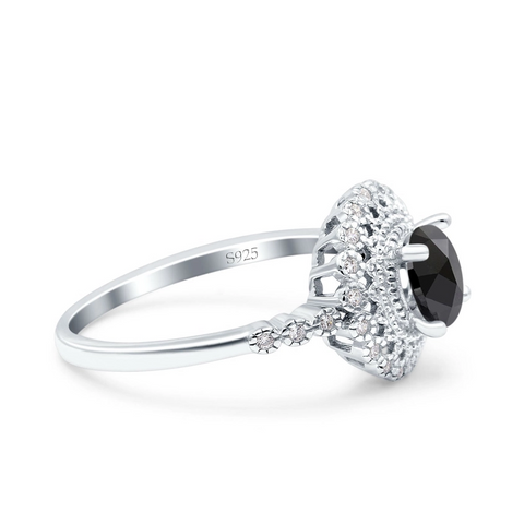 Halo Art Deco Ring with Round Black Cubic Zirconia