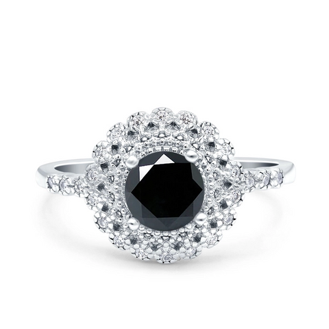 Halo Art Deco Ring with Round Black Cubic Zirconia