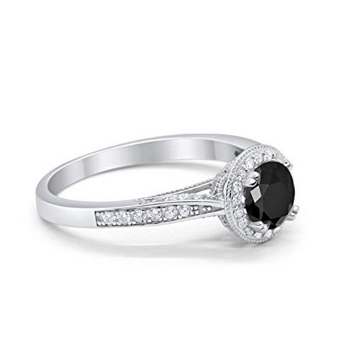 Halo Art Deco Round Ring with Black Cubic Zirconia