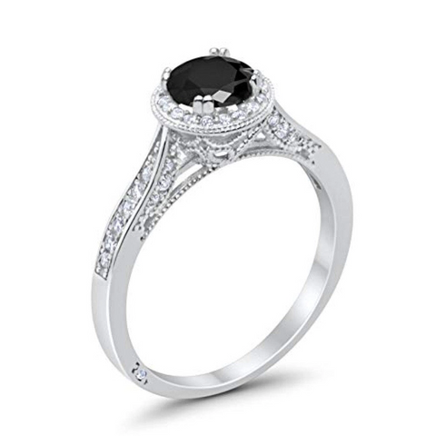 Halo Art Deco Round Ring with Black Cubic Zirconia