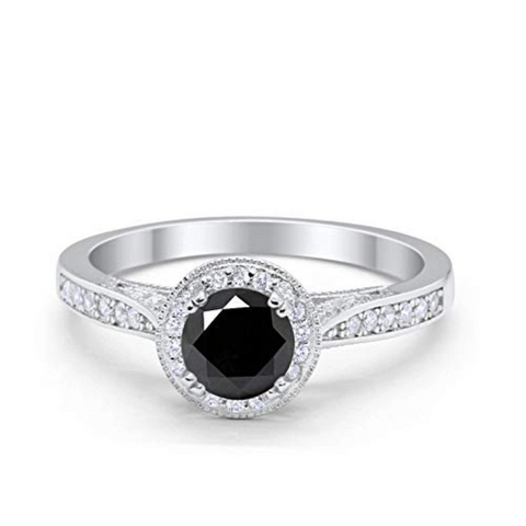 Halo Art Deco Round Ring with Black Cubic Zirconia