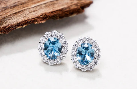 Halo Oval Blue Topaz Sterling Silver Stud Earrings