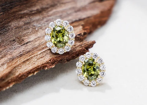 Halo Oval Peridot Sterling Silver Stud Earrings