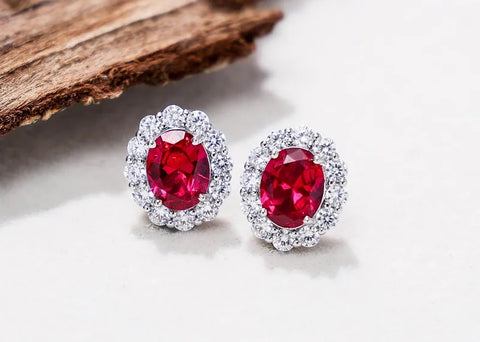 Halo Oval Ruby Sterling Silver Stud Earrings