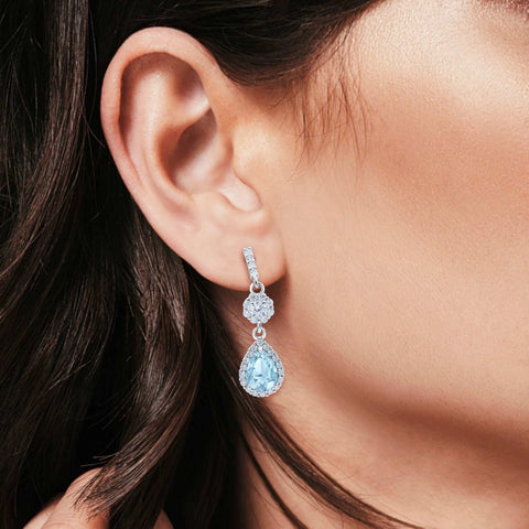 Halo Aquamarine Teardrop Drop Stud Earrings