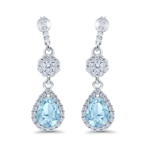 Halo Aquamarine Teardrop Drop Stud Earrings
