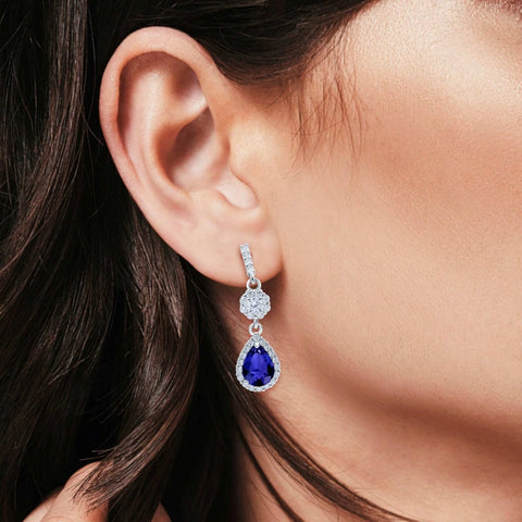 Halo Sapphire Teardrop Drop Stud Earrings