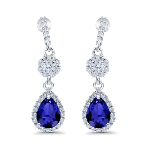 Halo Sapphire Teardrop Drop Stud Earrings