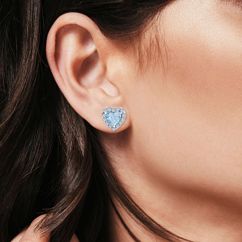 Heart Aquamarine Cubic Zirconia Stud Earrings