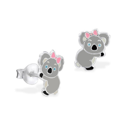 Sterling Silver Grey Koala with Pink Bow Stud Earrings