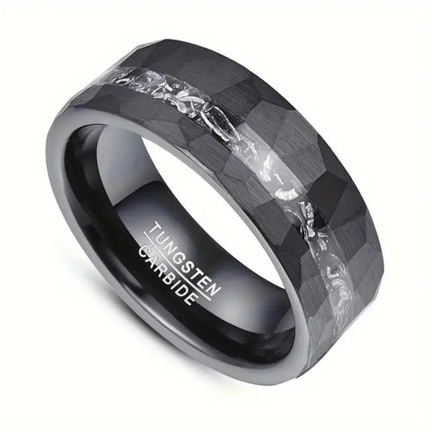 Meteorite Inlay Hammer Tone Black Tungsten Ring