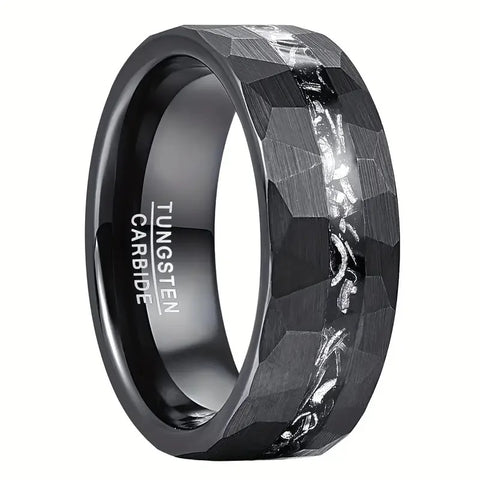 Meteorite Inlay Hammer Tone Black Tungsten Ring