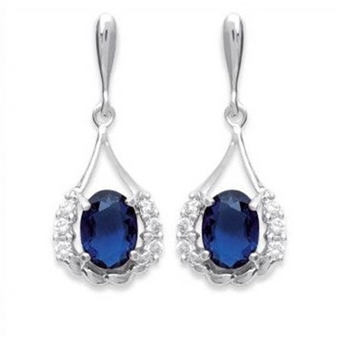 Sapphire Blue Oval Cluster Drop Stud Earrings
