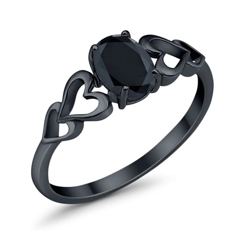Solitaire Oval Black Tone Heart Ring with Black Cubic Zirconia