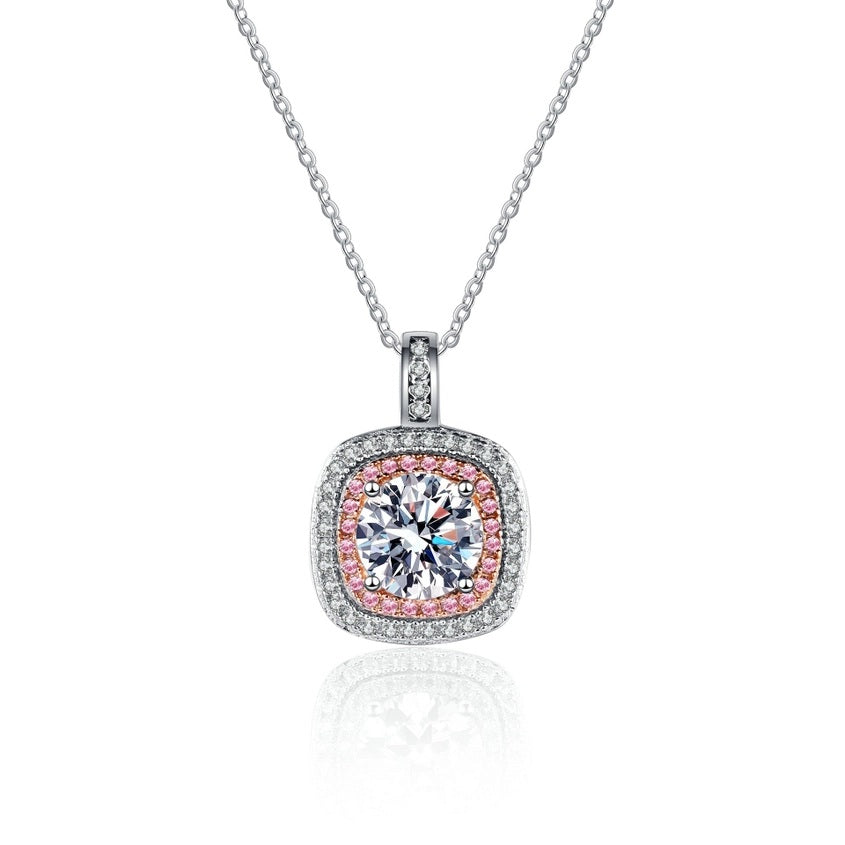 Moissanite necklace with pink accents on a white background