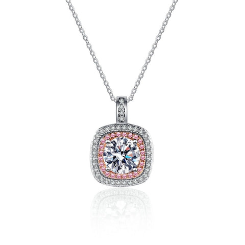 Moissanite necklace with pink accents on a white background