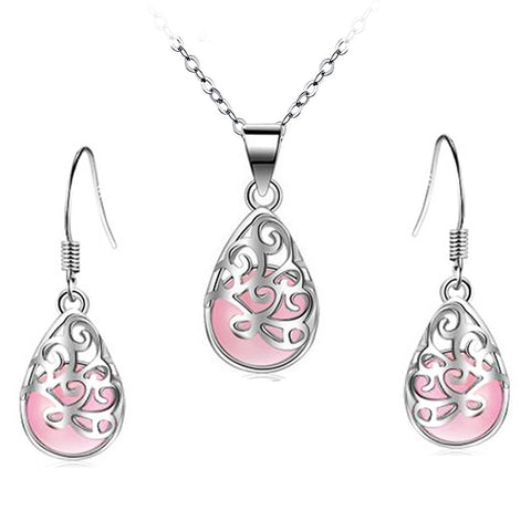 Teardrop Pink Moonstone Jewellery Set - Necklace & Earrings
