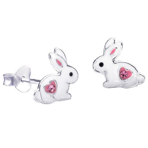 Sterling Silver White Rabbit with Pink Heart Stud Earrings