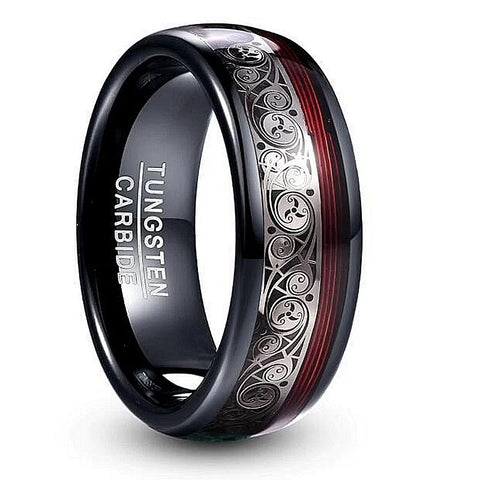 Red String & Gears Black Tungsten Ring