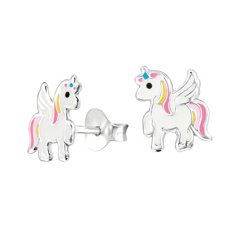 Sterling Silver White Unicorn Stud Earrings