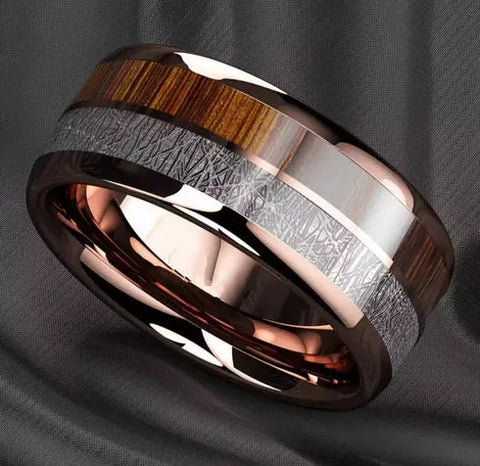 Wood Grain & Sparkling Inlay Rose Gold Tungsten Ring