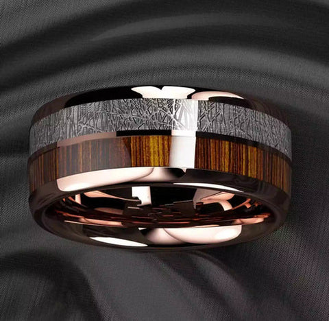 Wood Grain & Sparkling Inlay Rose Gold Tungsten Ring