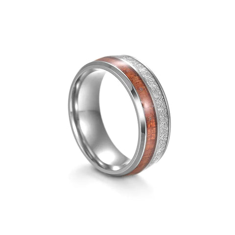 Wood & Silver Shard Inlay Stainless Steel Ring